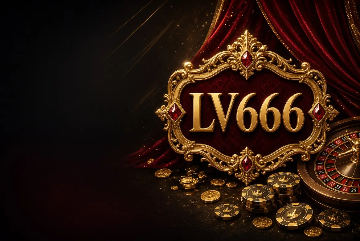 lv666 banner: gold lv666 logo in an ornate frame with red curtains, a roulette wheel and casino chips